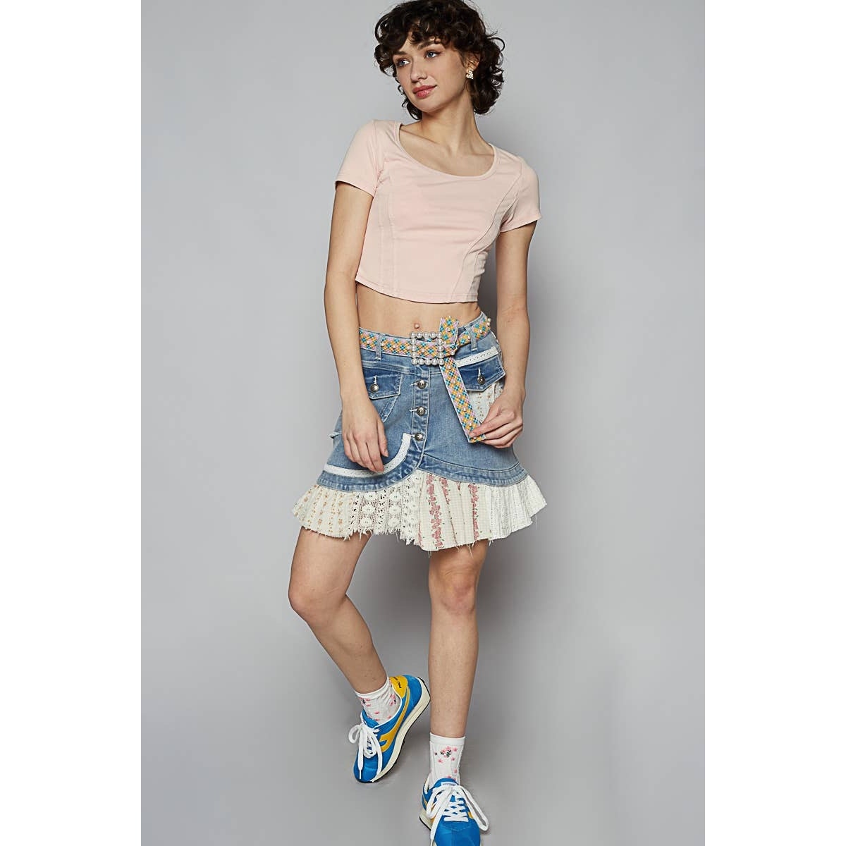 POL Denim Printed Patchwork Button Down Flare Mini Skirt