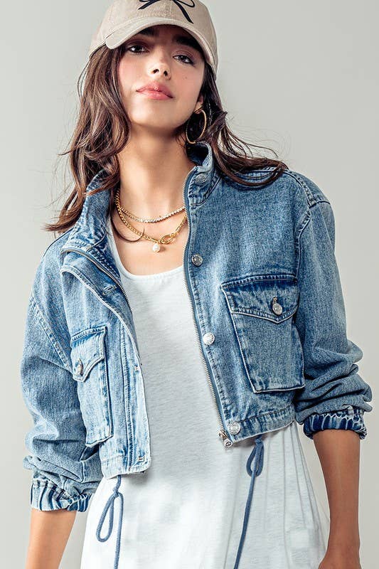 Urban Daizy Utility Cropped Drawstring Hem Stand Collar Denim Jacket