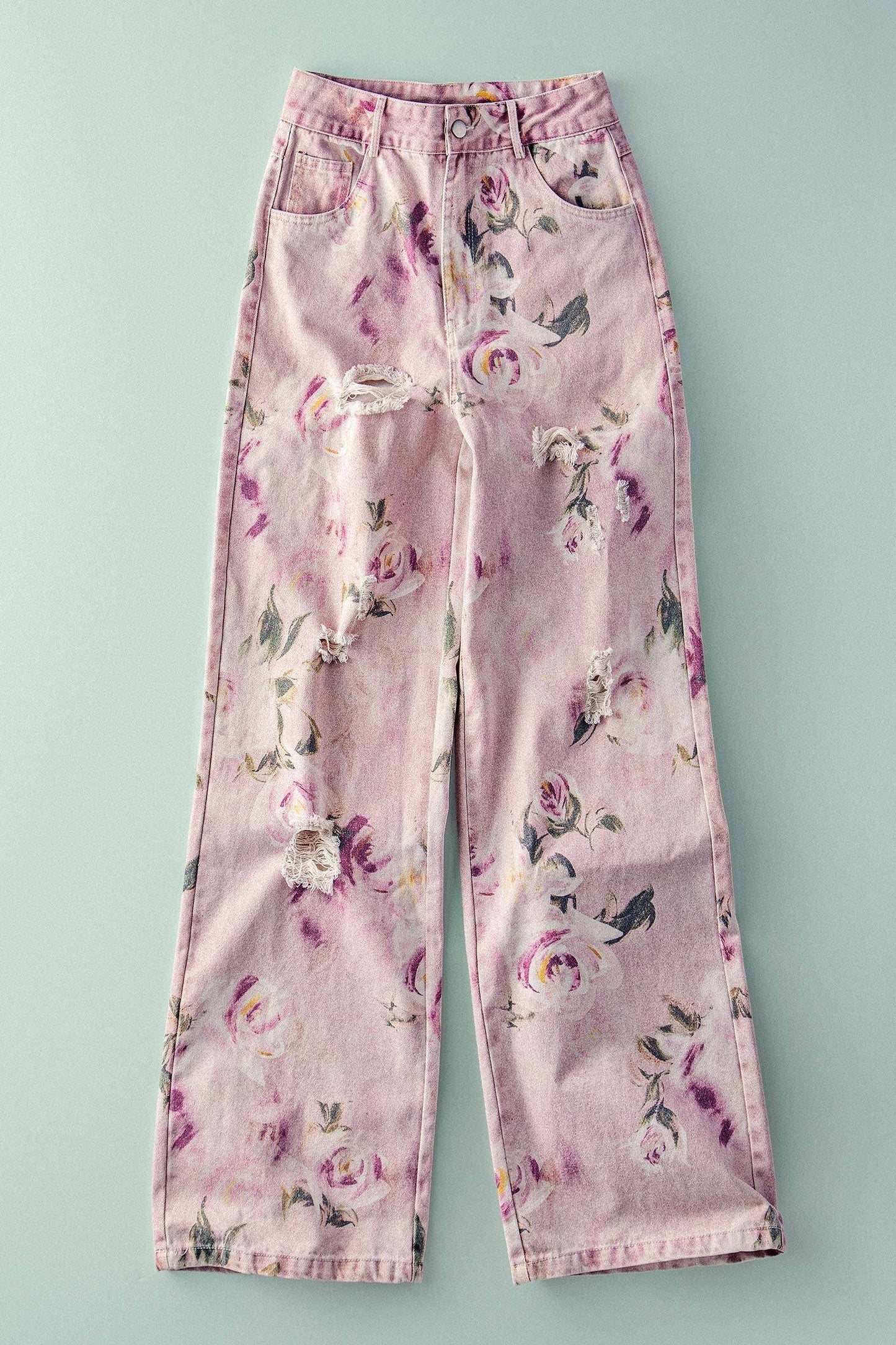 Urban Daizy - Romantic Rose Print High-Rise Denim Pants