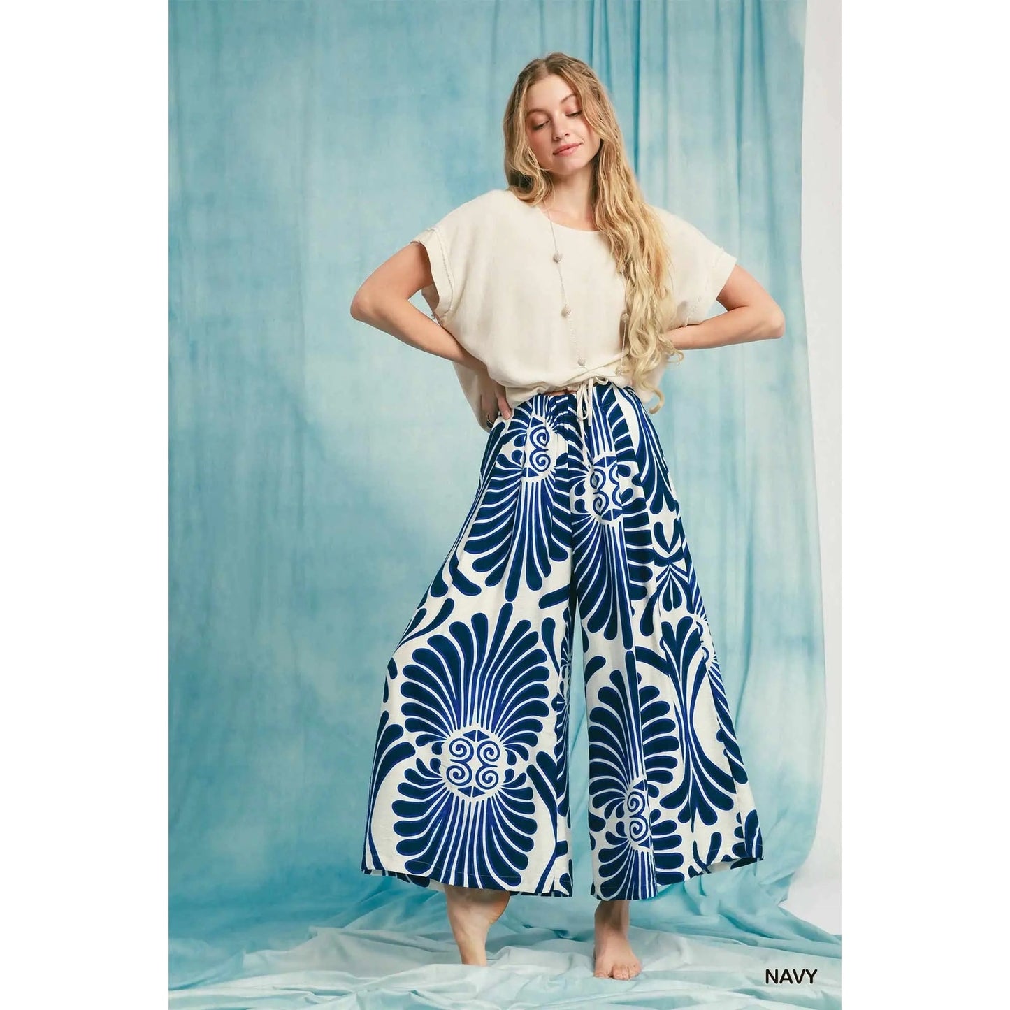 Umgee Navy Tropical Swirl Wide Leg Pants