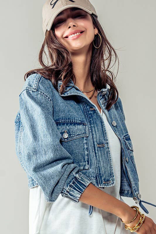 Urban Daizy Utility Cropped Drawstring Hem Stand Collar Denim Jacket