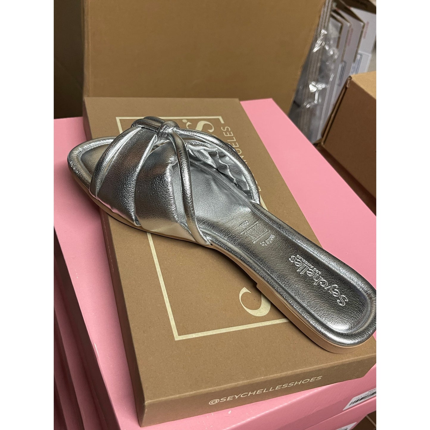 Seychelles Shades of Cool Silver Metallic Knotted Flat Slide Sandals
