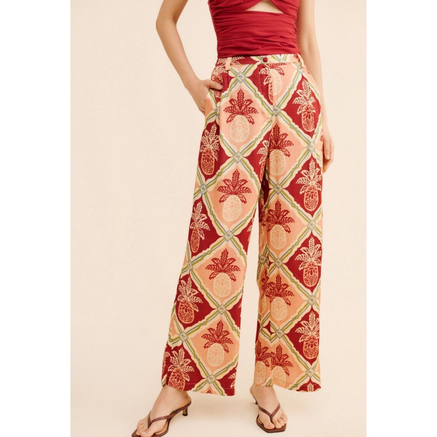 FARM Rio Pineapple Satin Wide-Leg Pants