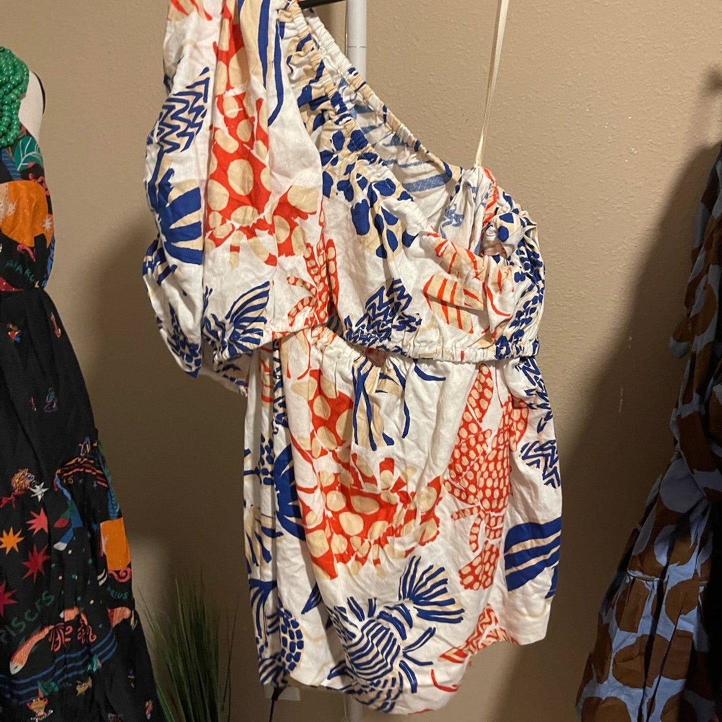 Farm Rio Blue and Orange Asymmetrical One Shoulder Lobster Dress