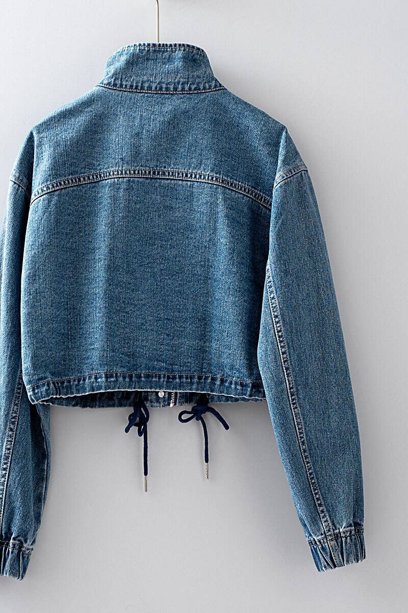 Urban Daizy Utility Cropped Drawstring Hem Stand Collar Denim Jacket