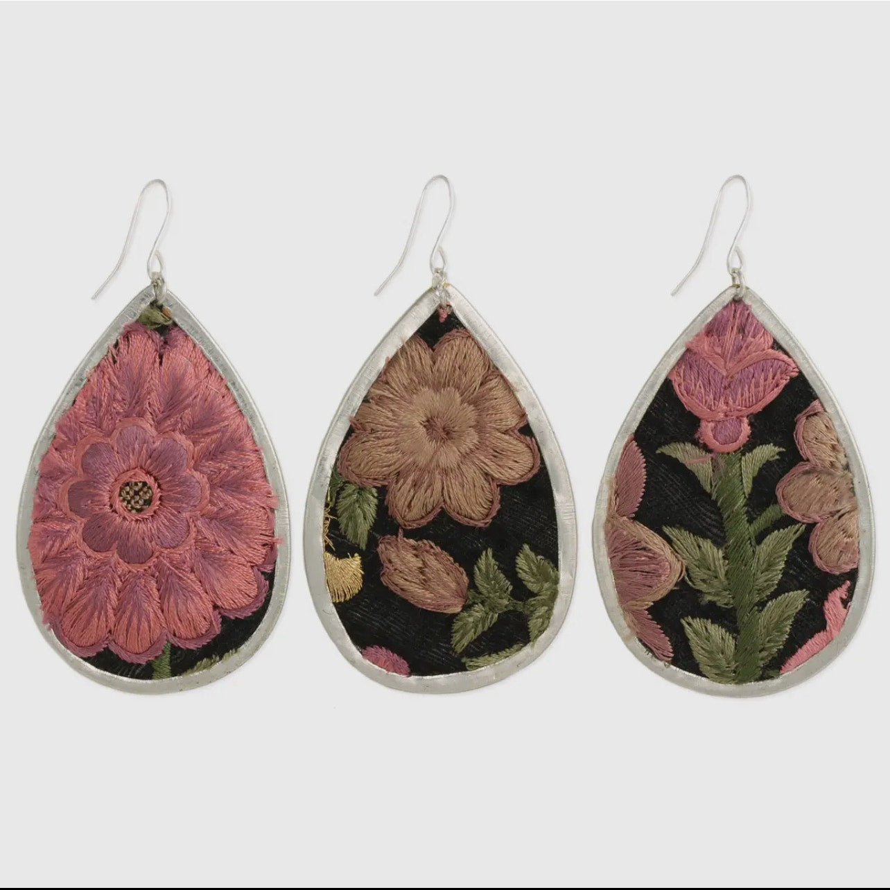 Pink Flower Embroidery Silver Teardrop Earrings
