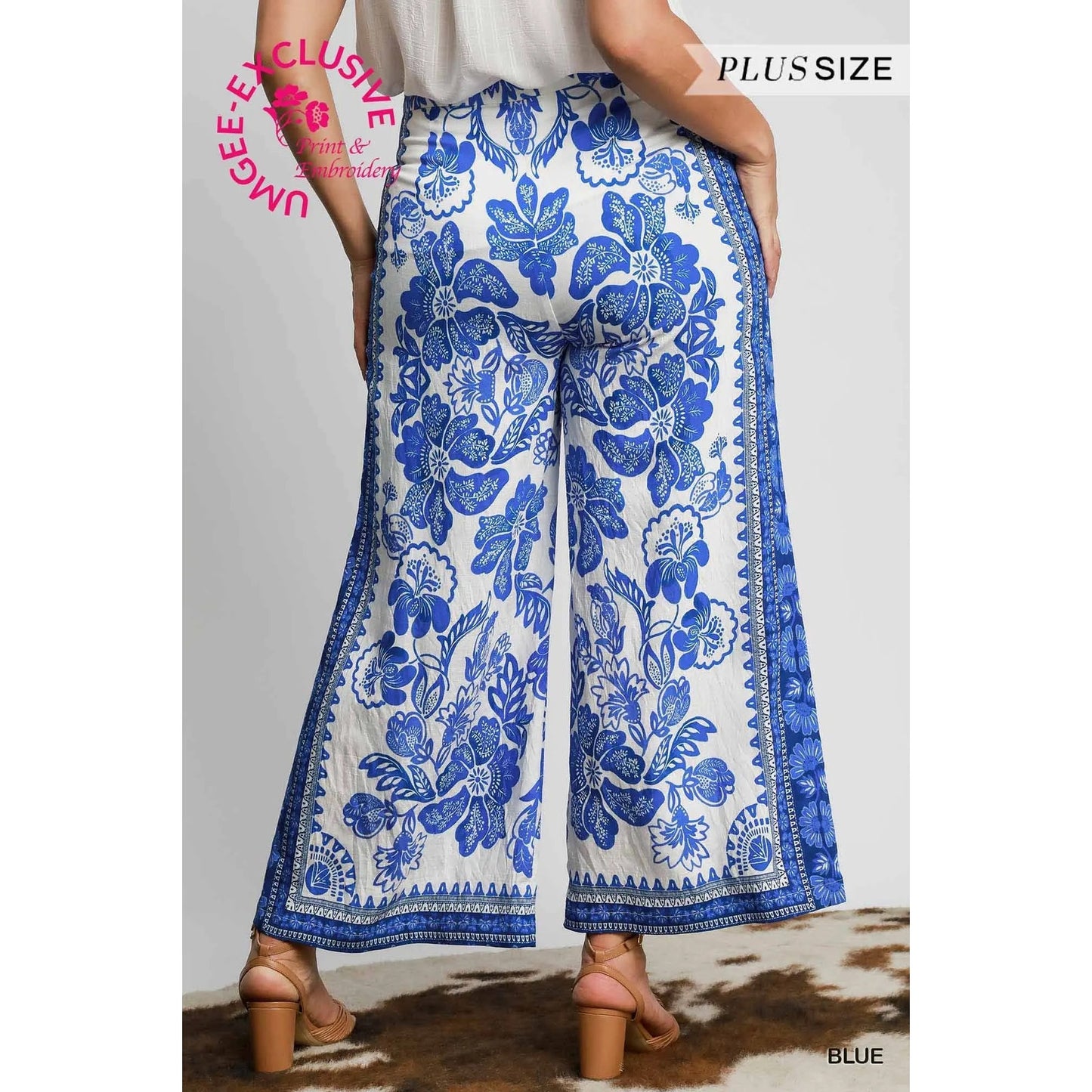 Umgee Blue Floral Wide Leg Pants - Plus