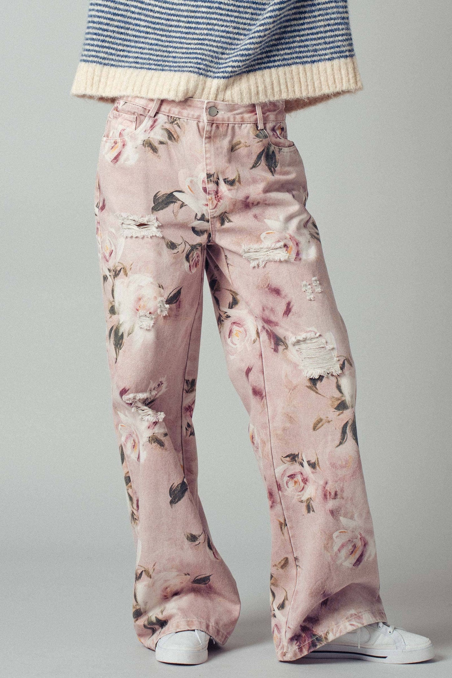 Urban Daizy - Romantic Rose Print High-Rise Denim Pants