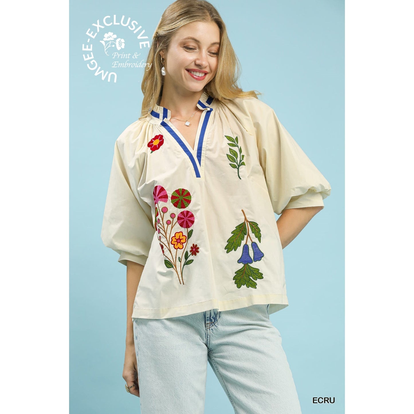 Umgee Ecru Embroidered Floral V-Neck Blouse