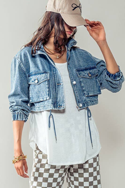 Urban Daizy Utility Cropped Drawstring Hem Stand Collar Denim Jacket