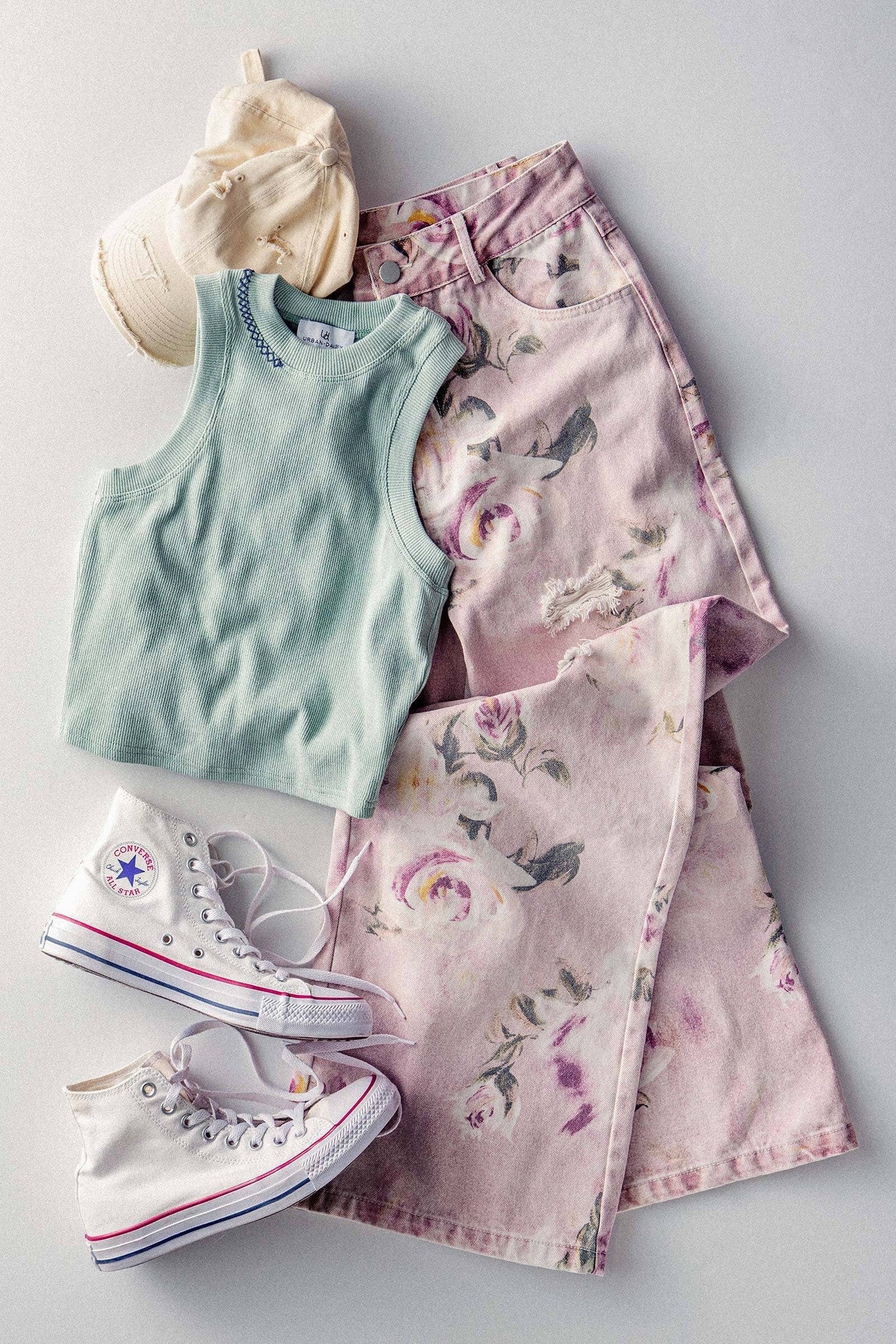 Urban Daizy - Romantic Rose Print High-Rise Denim Pants