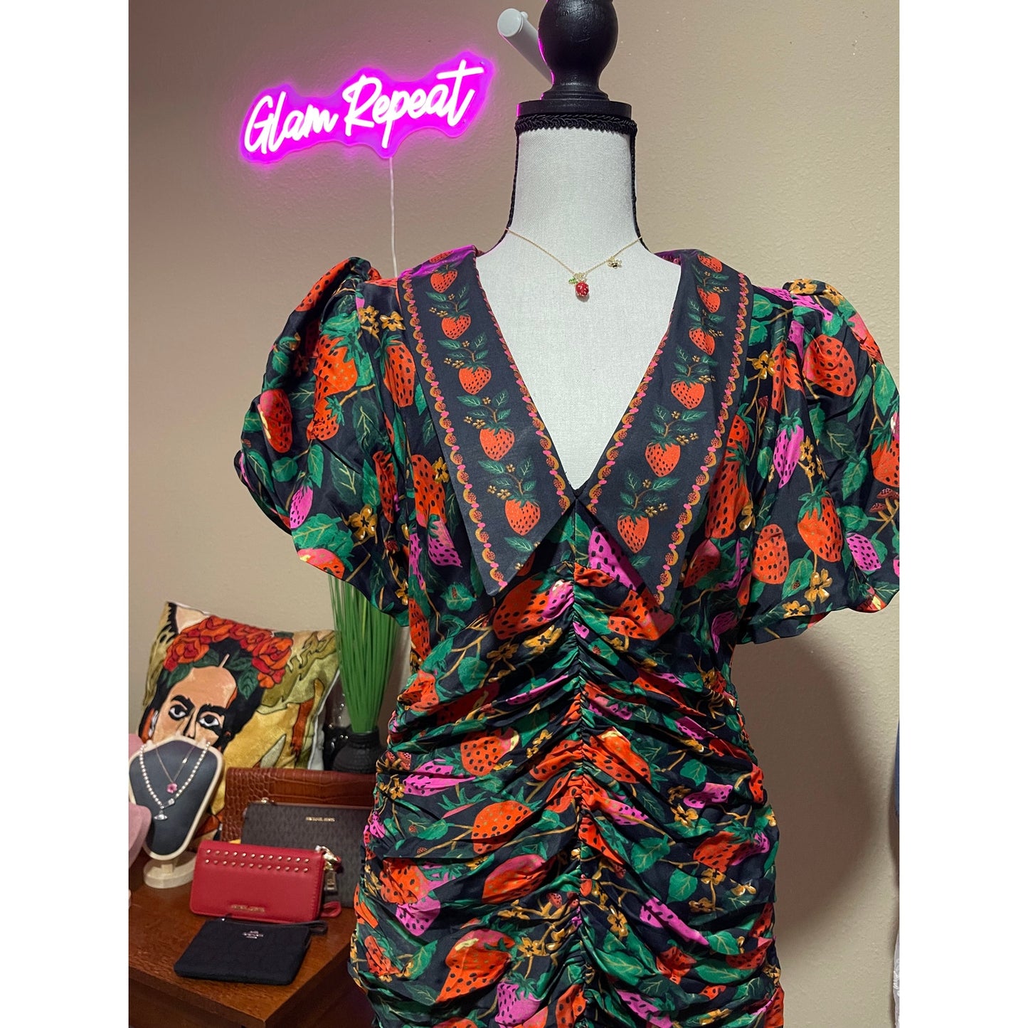 FARM Rio Lady Strawberry Puff-Sleeve Mini Dress