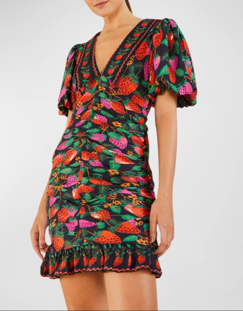 FARM Rio Lady Strawberry Puff-Sleeve Mini Dress