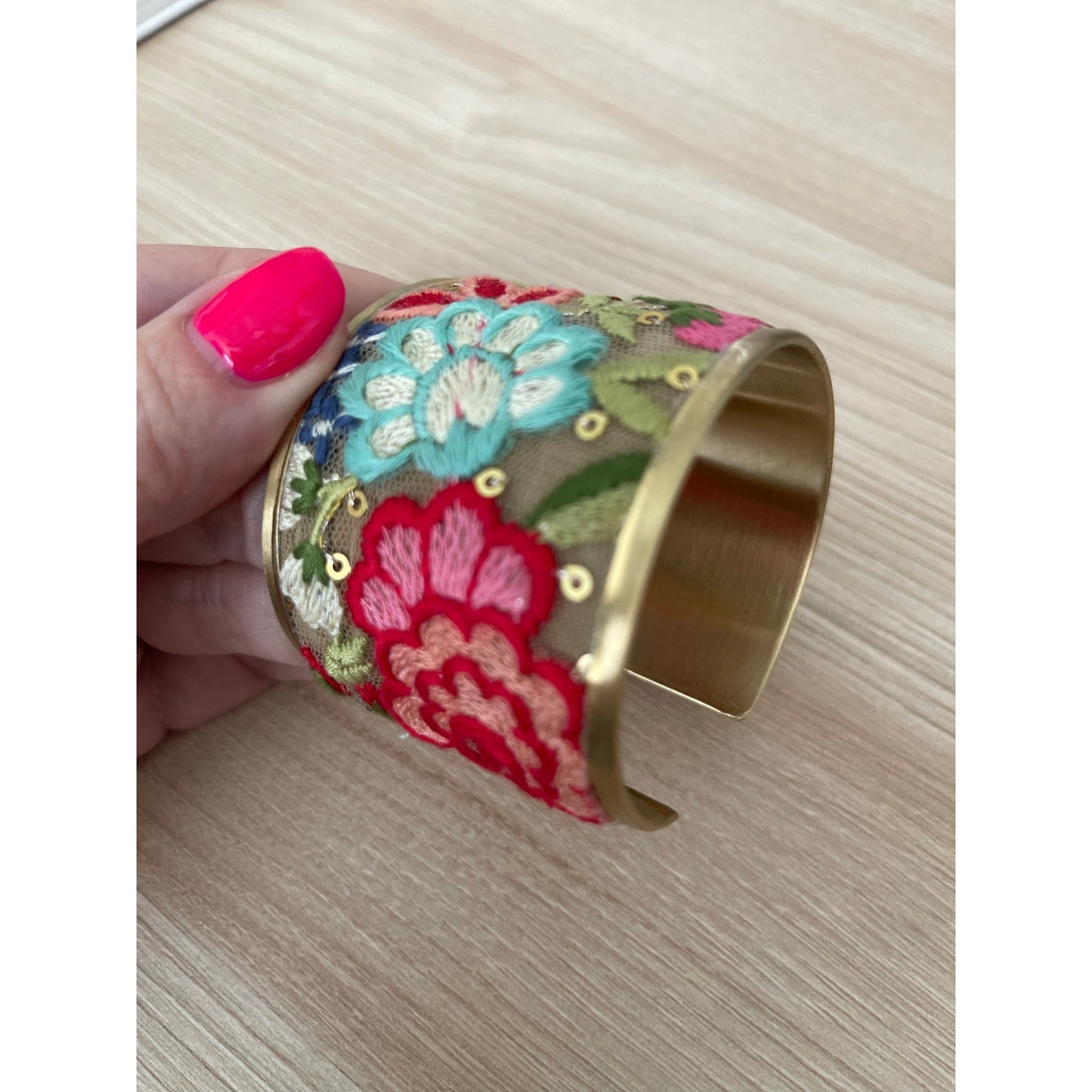 Red Mesh Flower Embroidery Cuff Bracelet