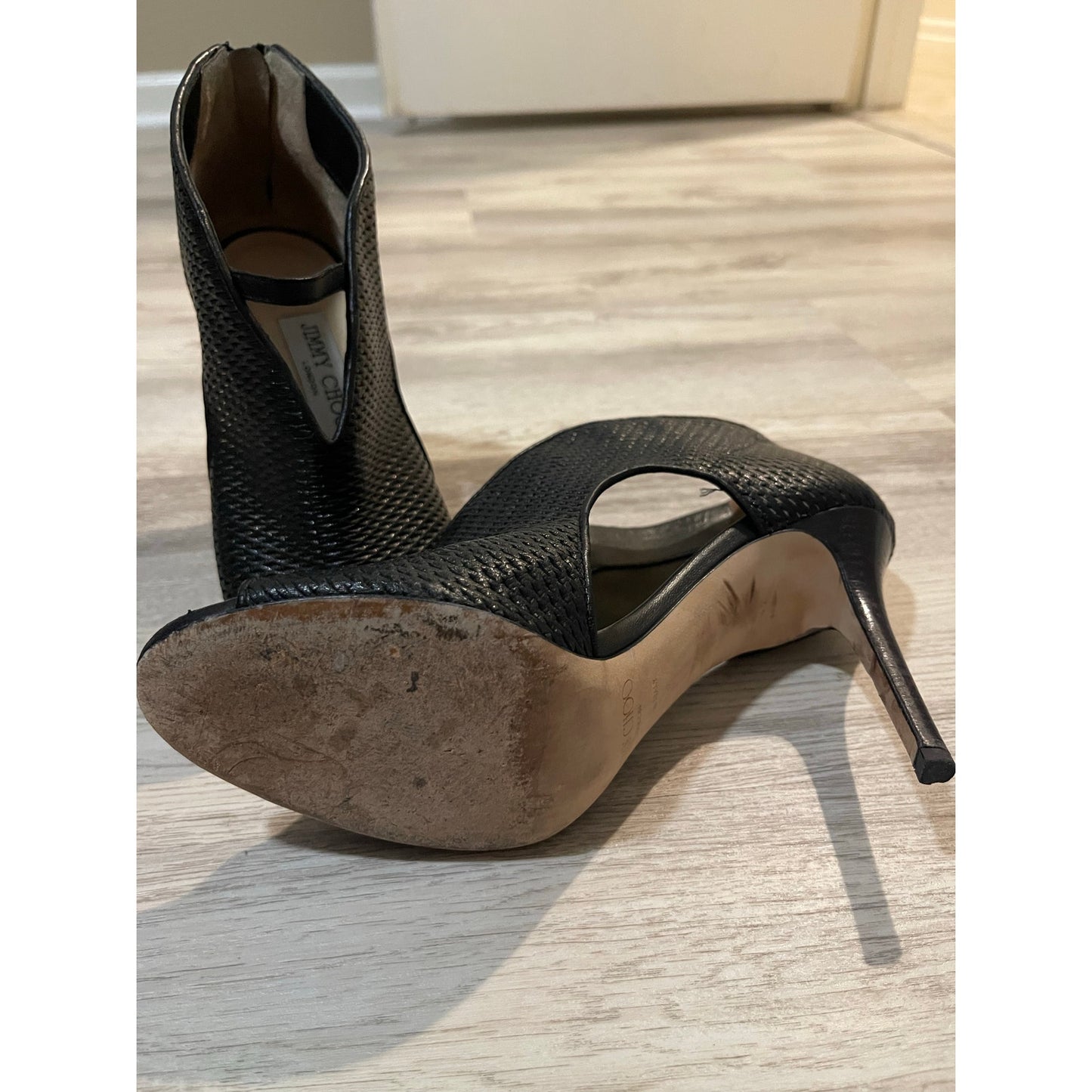 Jimmy Choo Black Woven Leather Perp-Toe Heels