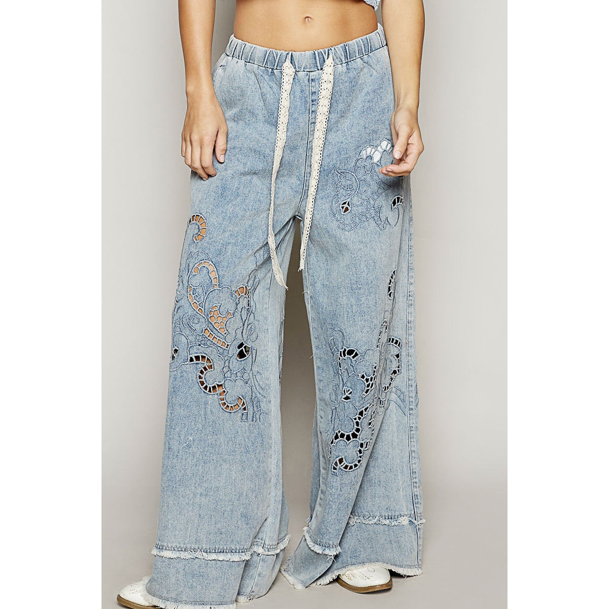 POL Boho Cutout Detail Wide Leg Jeans