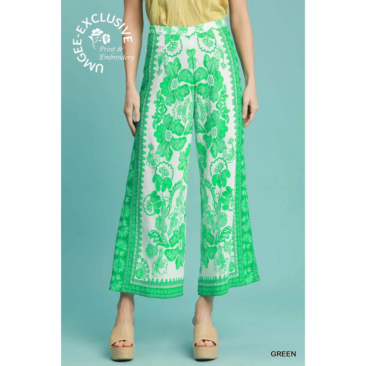 Umgee Green Floral Wide Leg Pants
