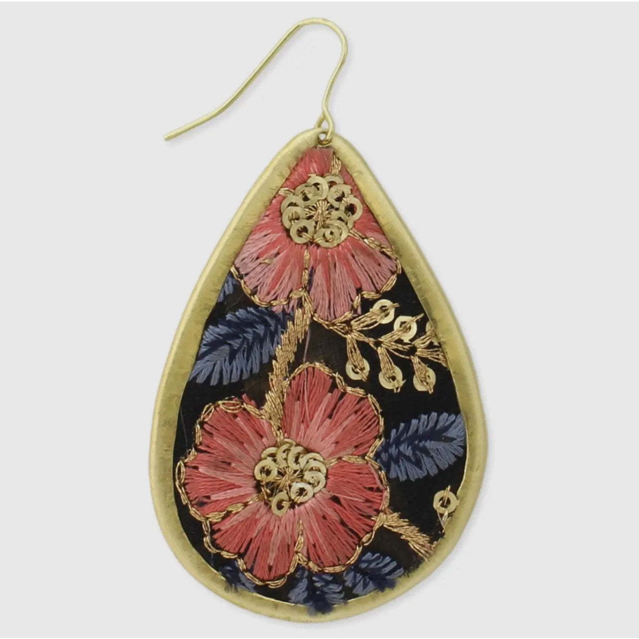 Vintage Pink Blue Mesh Flower Embroidered Teardrop Earrings