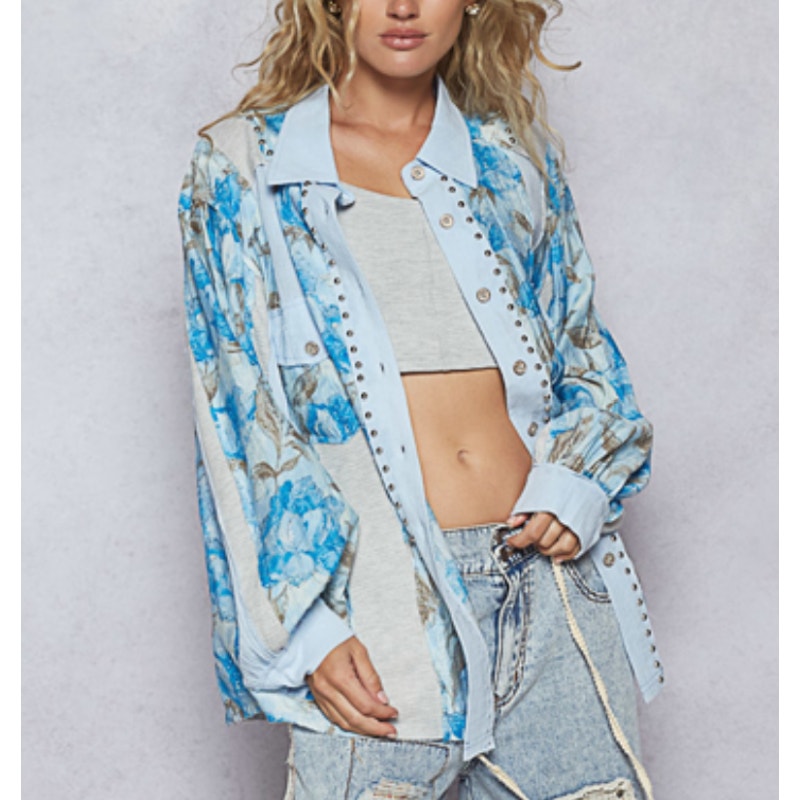 POL Blue Balloon Sleeve Top