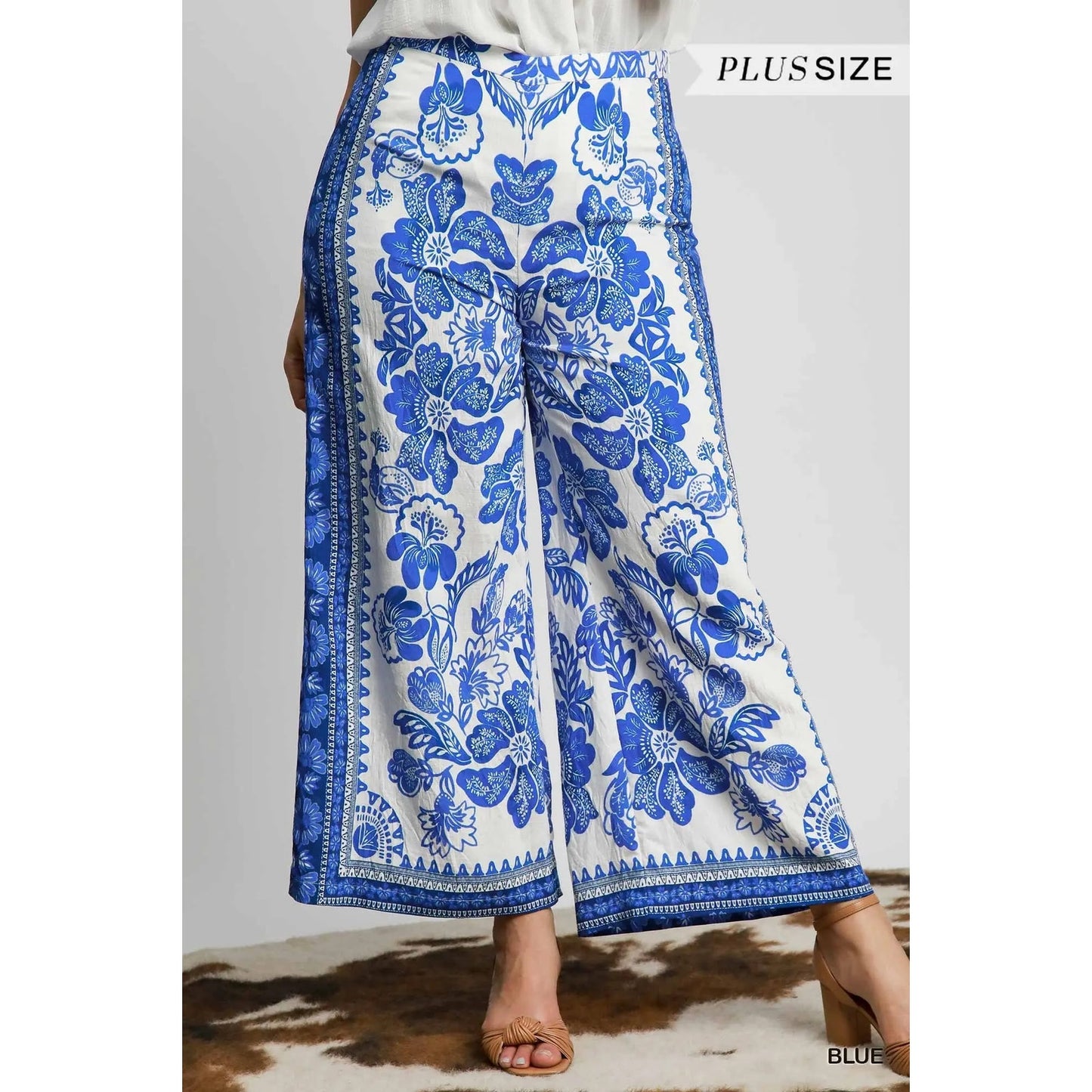 Umgee Blue Floral Wide Leg Pants - Plus