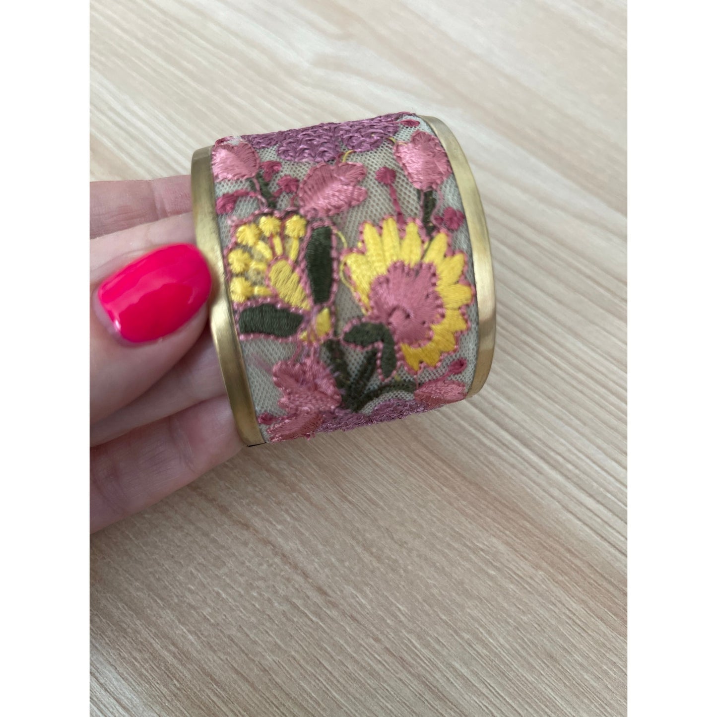 Pink and Yellow Mesh Flower Embroidery Cuff Bracelet