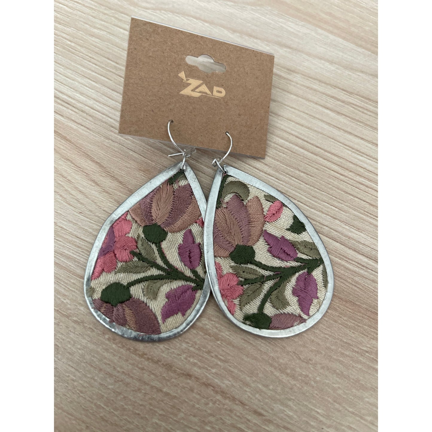 Light Pink Flower Embroidery Silver Teardrop Earrings