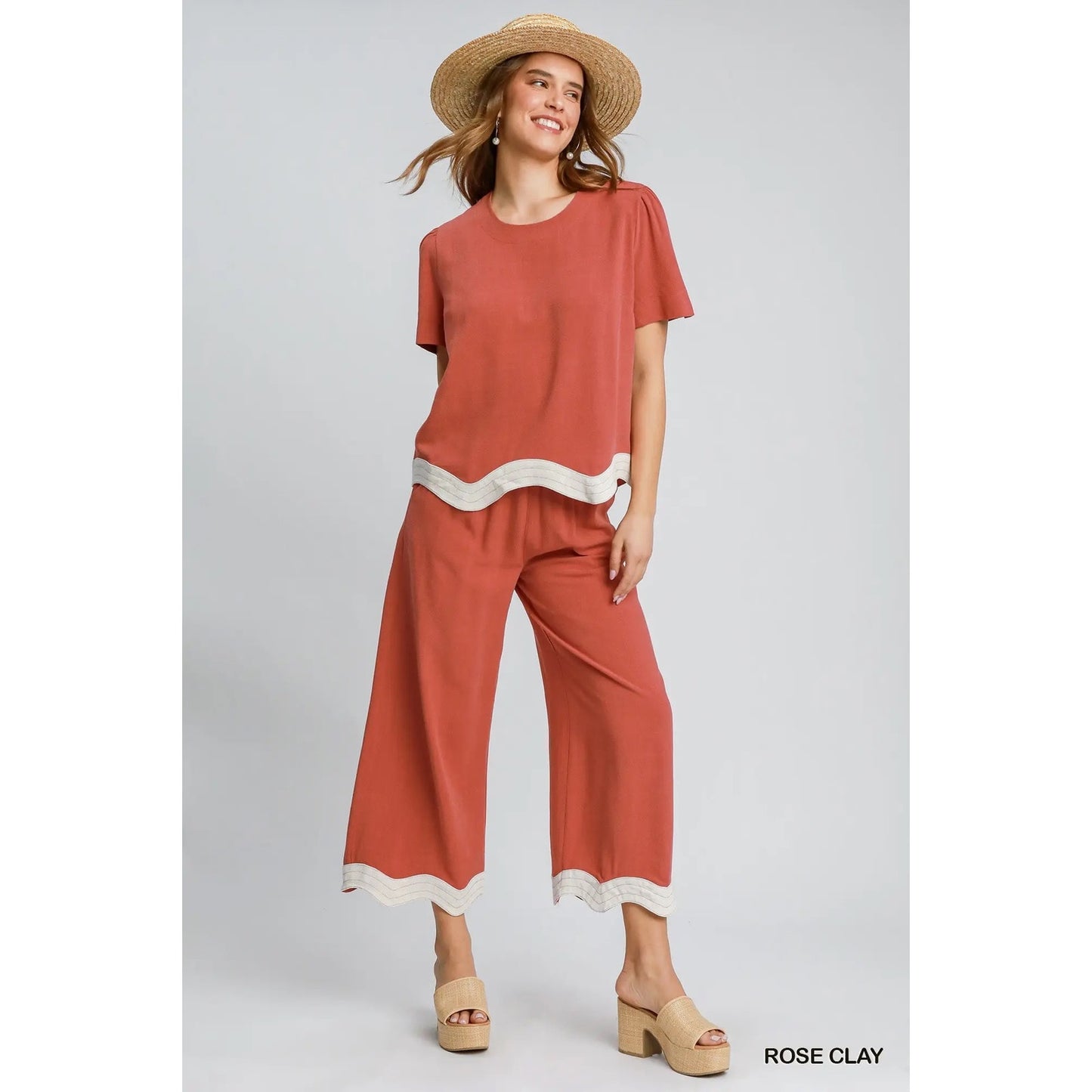 Umgee Rose Clay Linen Scalloped Hem Pants