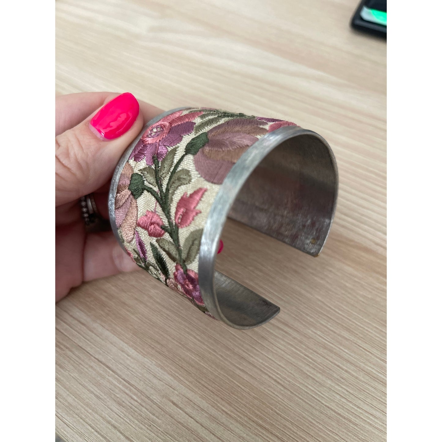 Light Pink Flower Embroidery Cuff Bracelet