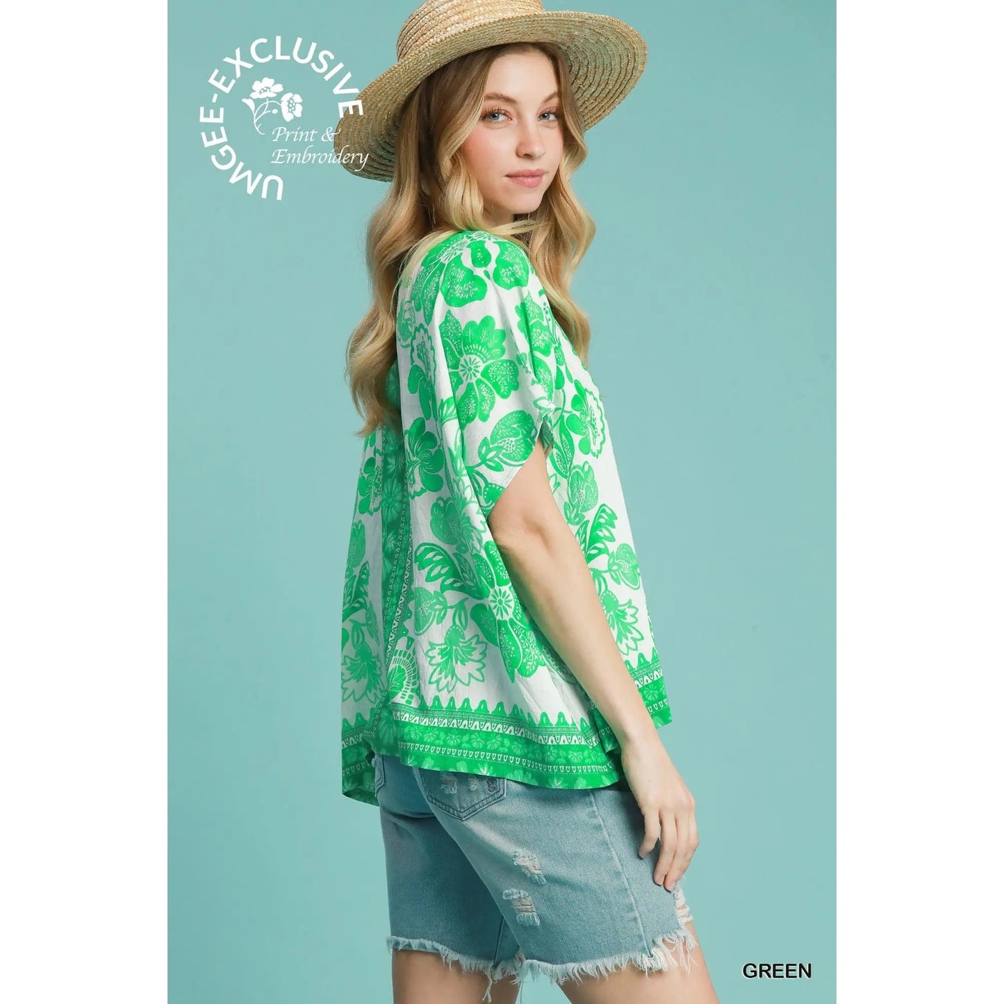 Umgee Green Floral Oversized Boho Top