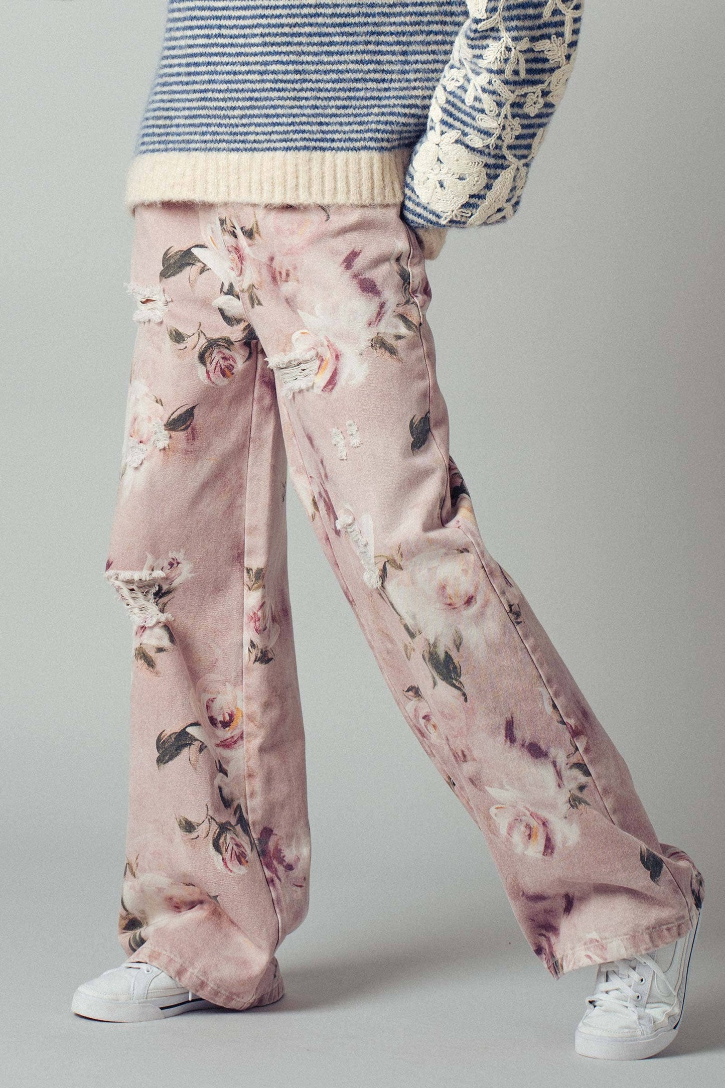 Urban Daizy - Romantic Rose Print High-Rise Denim Pants