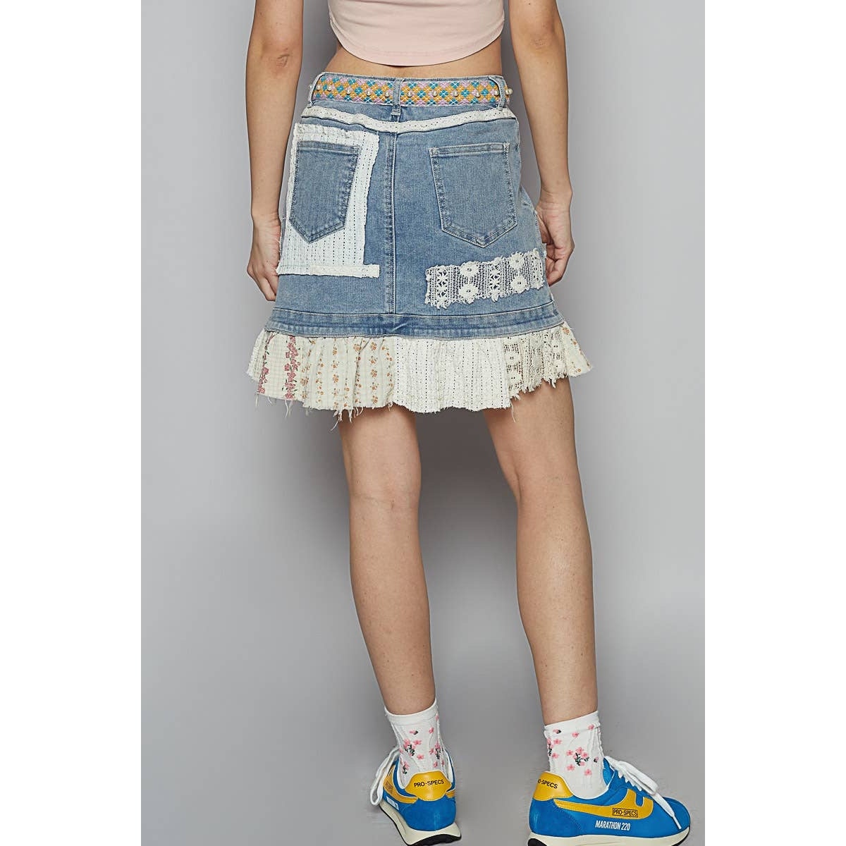 POL Denim Printed Patchwork Button Down Flare Mini Skirt