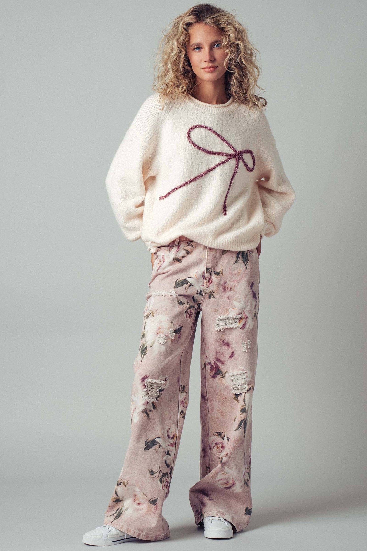 Urban Daizy - Romantic Rose Print High-Rise Denim Pants