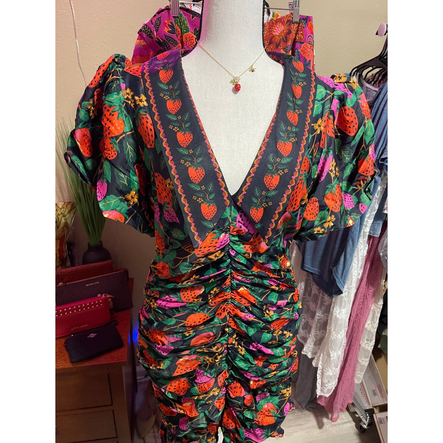 FARM Rio Lady Strawberry Puff-Sleeve Mini Dress