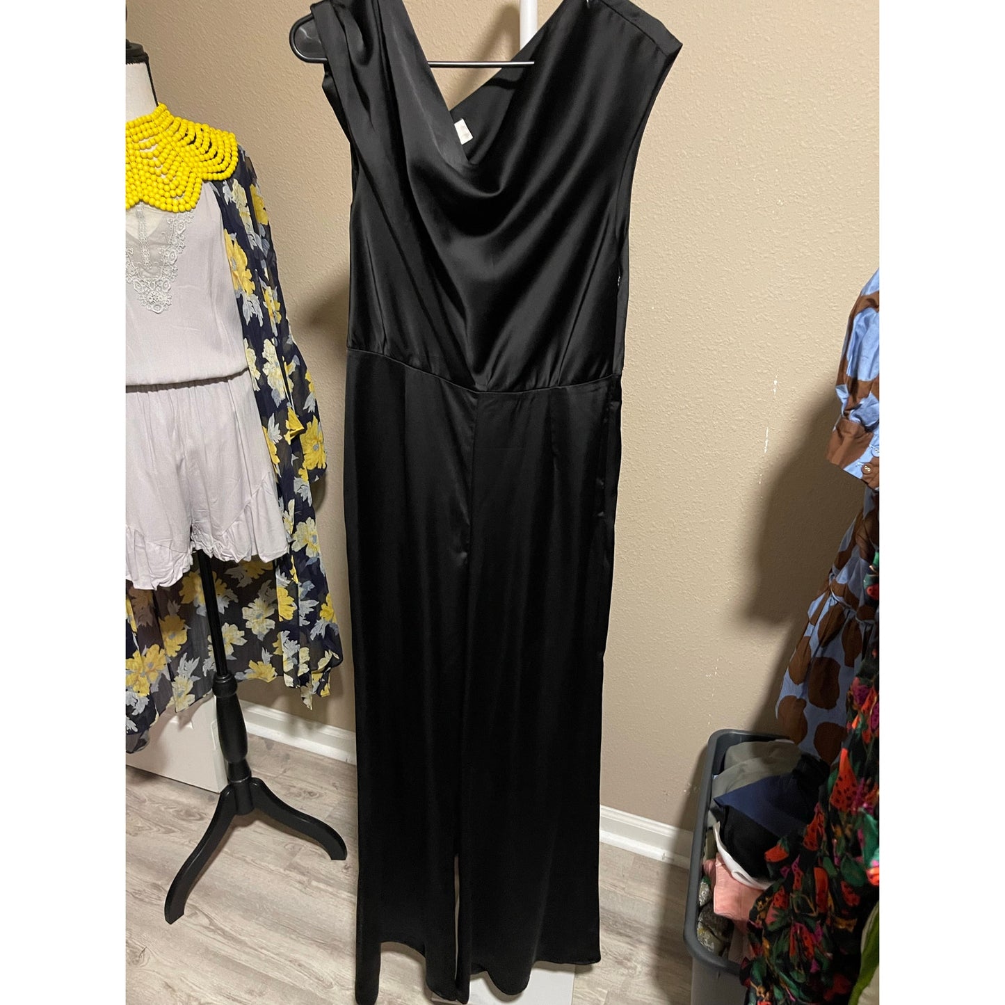 WAYF Black Satin Jumpsuit One Shoulder