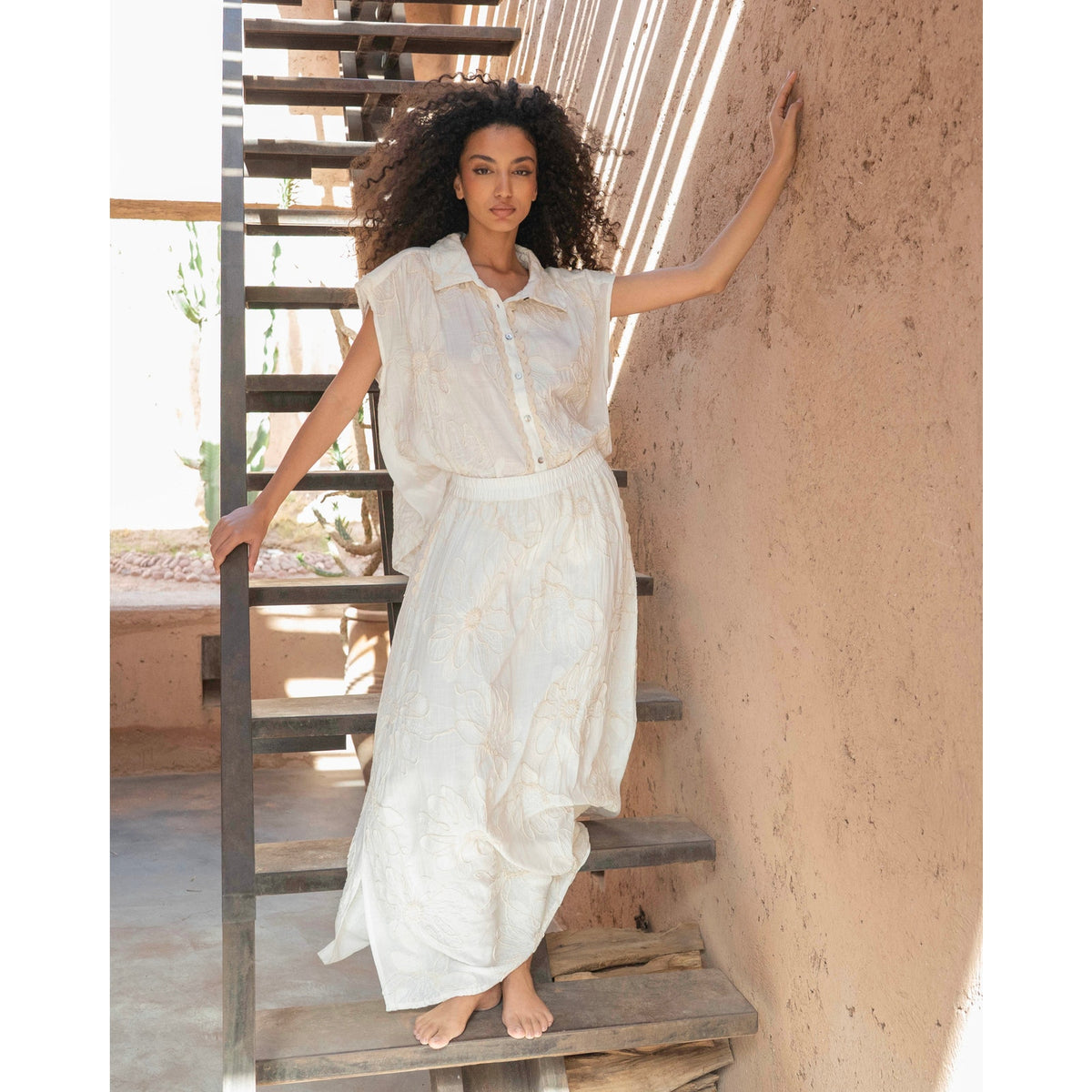 Gold & Silver Off White Embroidered Maxi Set