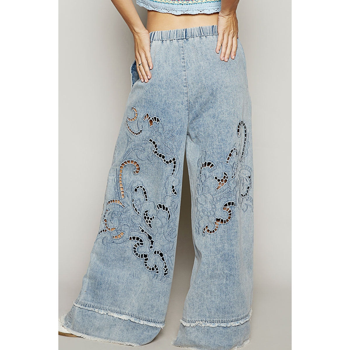 POL Boho Cutout Detail Wide Leg Jeans