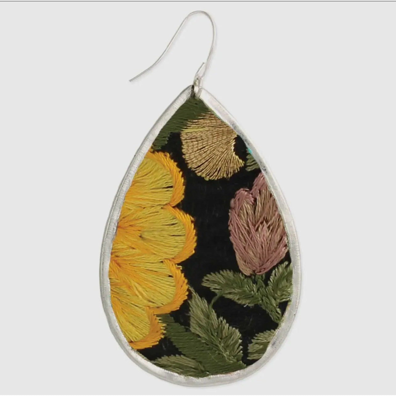 Yellow Flower Embroidery Silver Teardrop Earrings