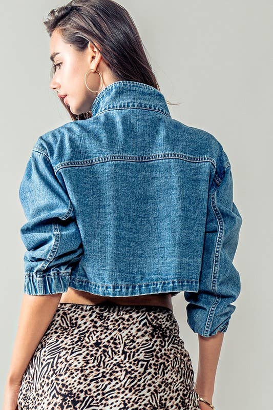 Urban Daizy Utility Cropped Drawstring Hem Stand Collar Denim Jacket