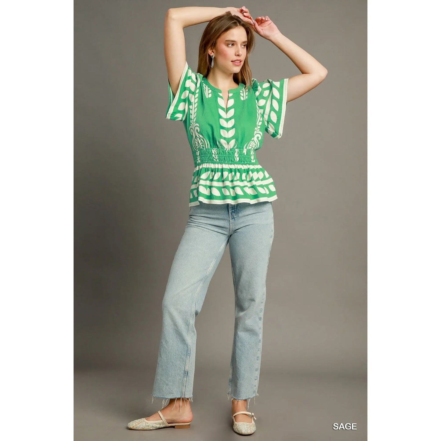 Umgee Boho Peplum Smocked Waist Blouse