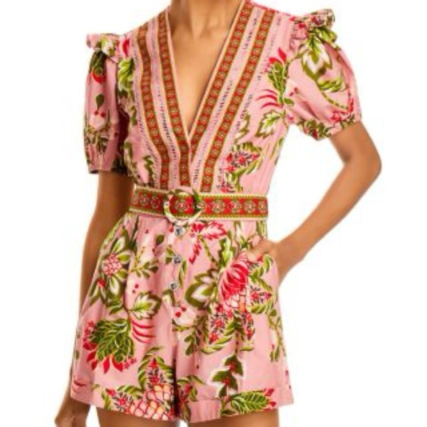 Farm Rio Floral Belted Pink Romper