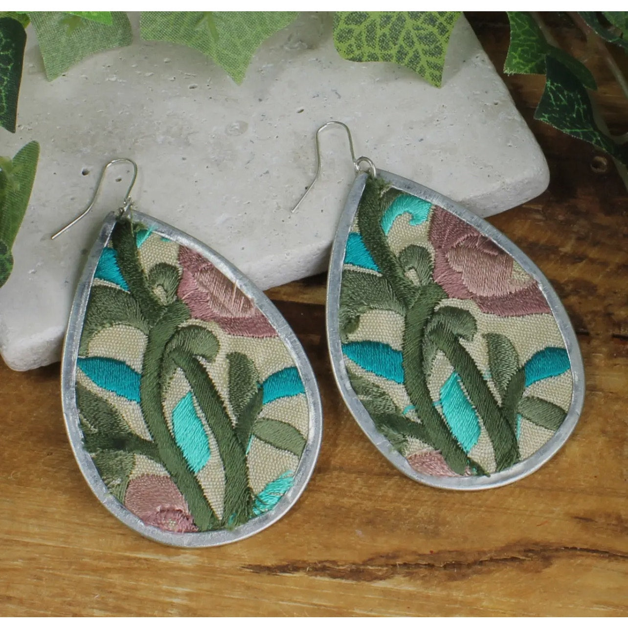 Turquoise Flower Embroidery Silver Teardrop Earrings