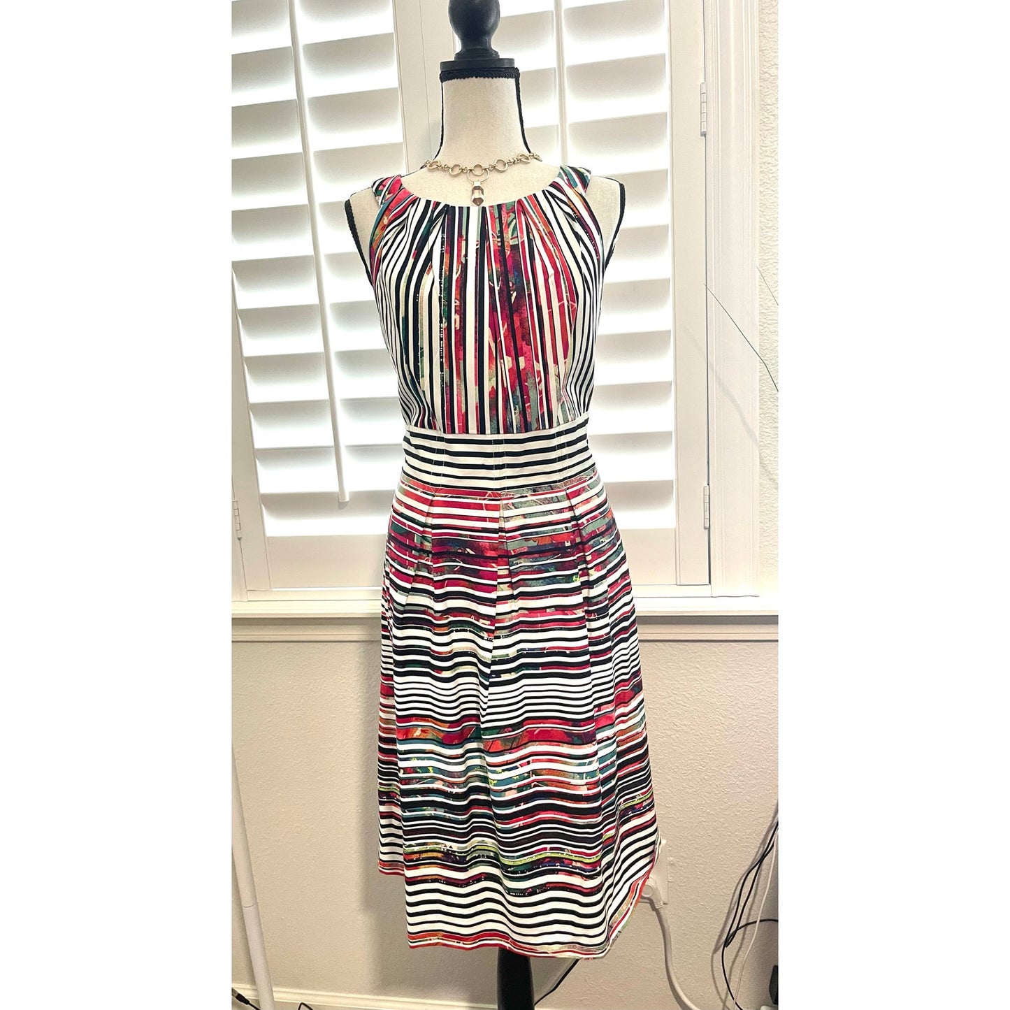 Nine West Tangerine Tango Combo Stripe Slvless High Neck Pleated Fit Flare Dress