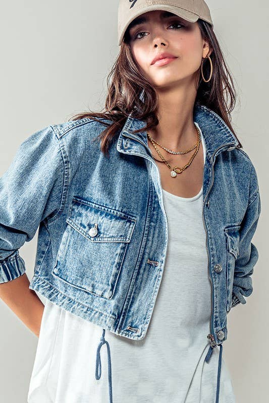 Urban Daizy Utility Cropped Drawstring Hem Stand Collar Denim Jacket