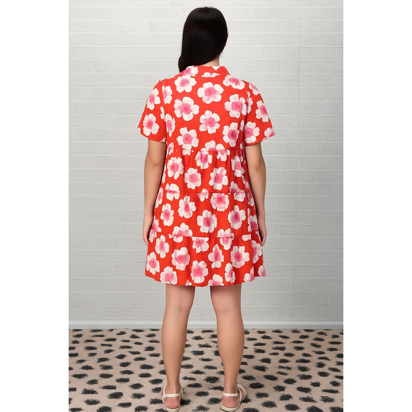 Umgee Tomato Red Floral Print Tiered Bubble Sleeve Dress