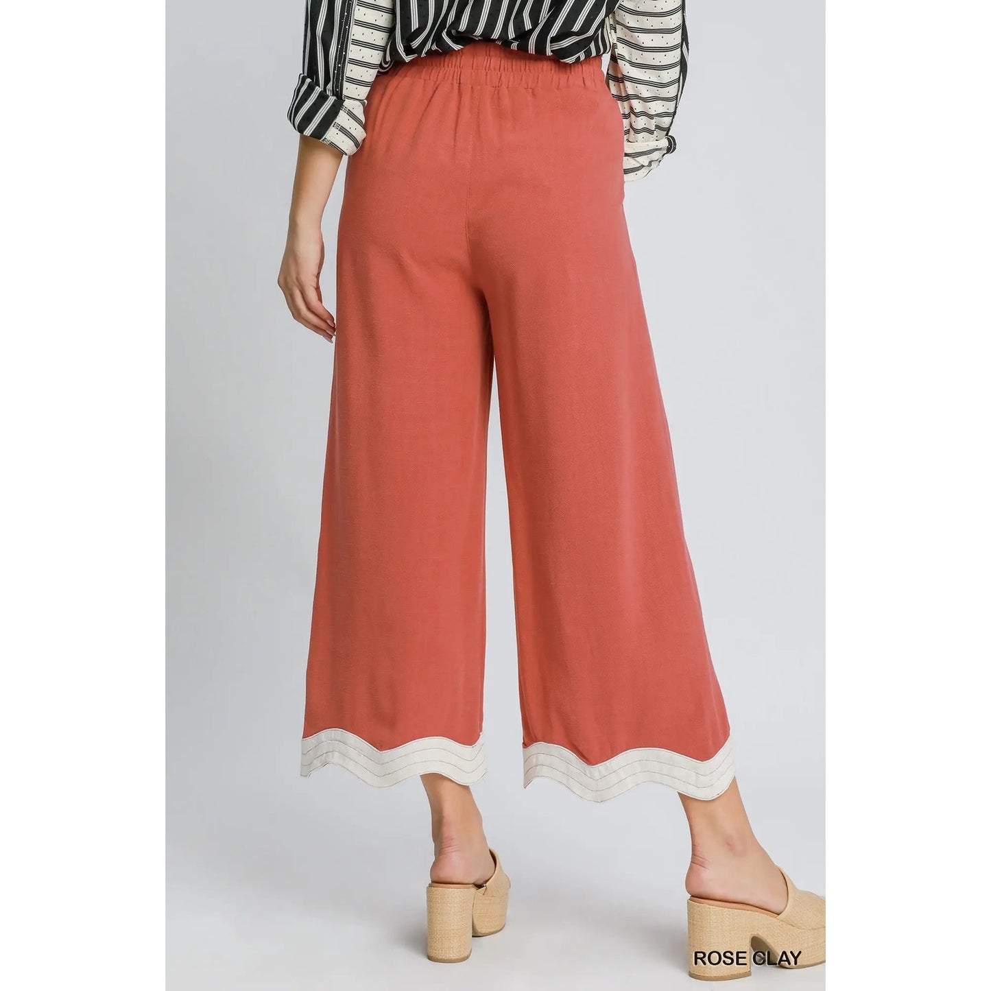 Umgee Rose Clay Linen Scalloped Hem Pants