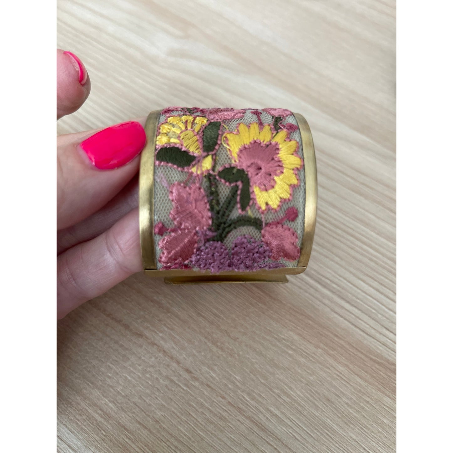 Pink and Yellow Mesh Flower Embroidery Cuff Bracelet