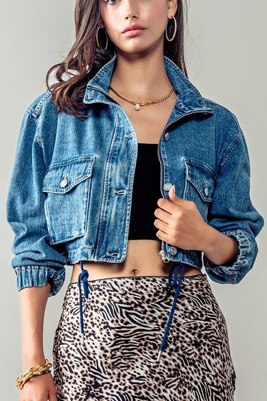 Urban Daizy Utility Cropped Drawstring Hem Stand Collar Denim Jacket