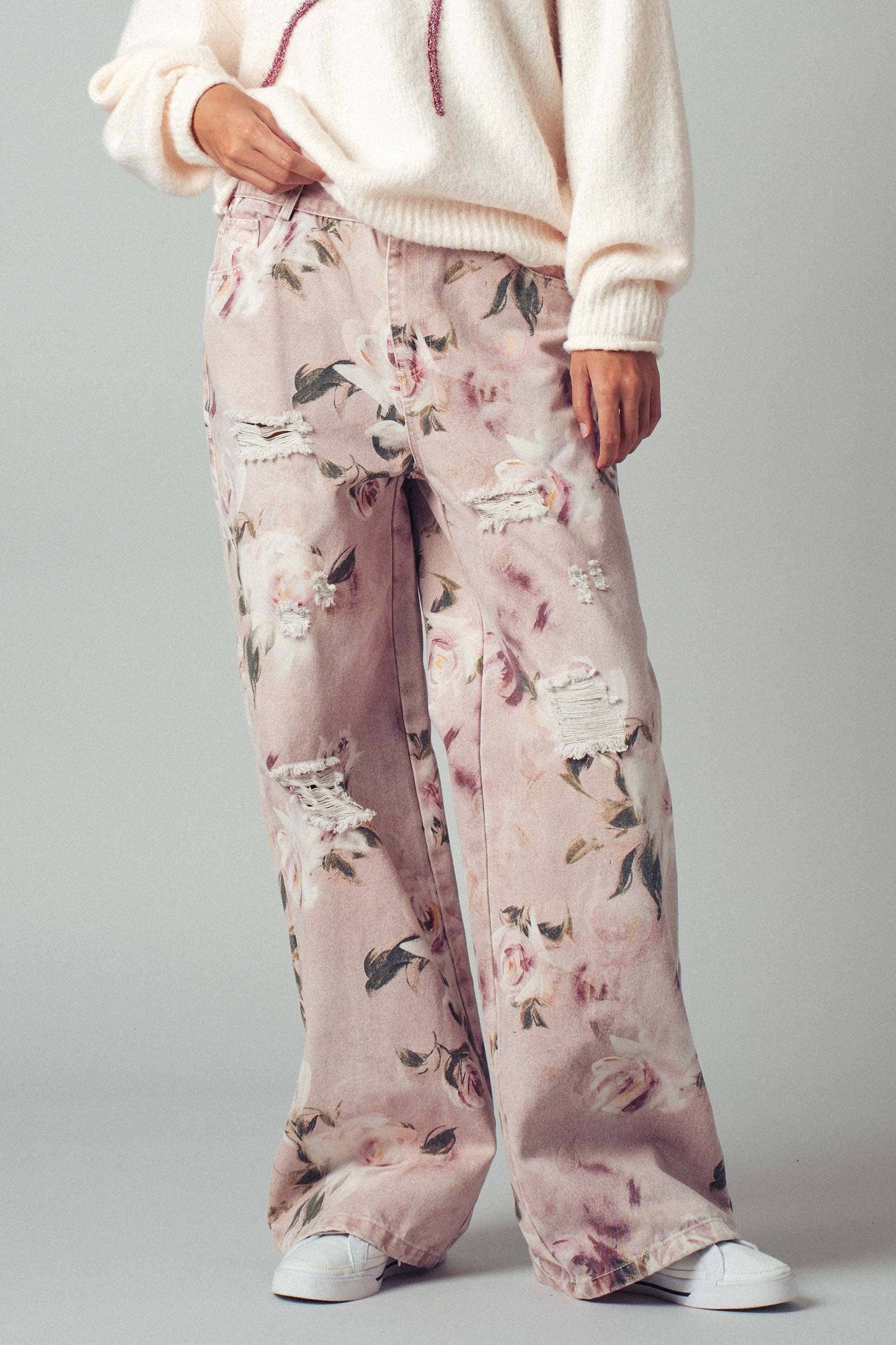 Urban Daizy - Romantic Rose Print High-Rise Denim Pants