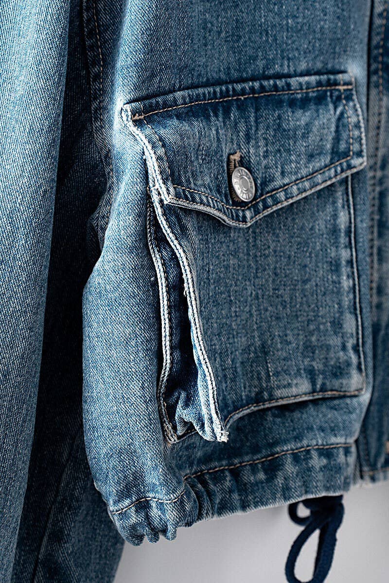 Urban Daizy Utility Cropped Drawstring Hem Stand Collar Denim Jacket