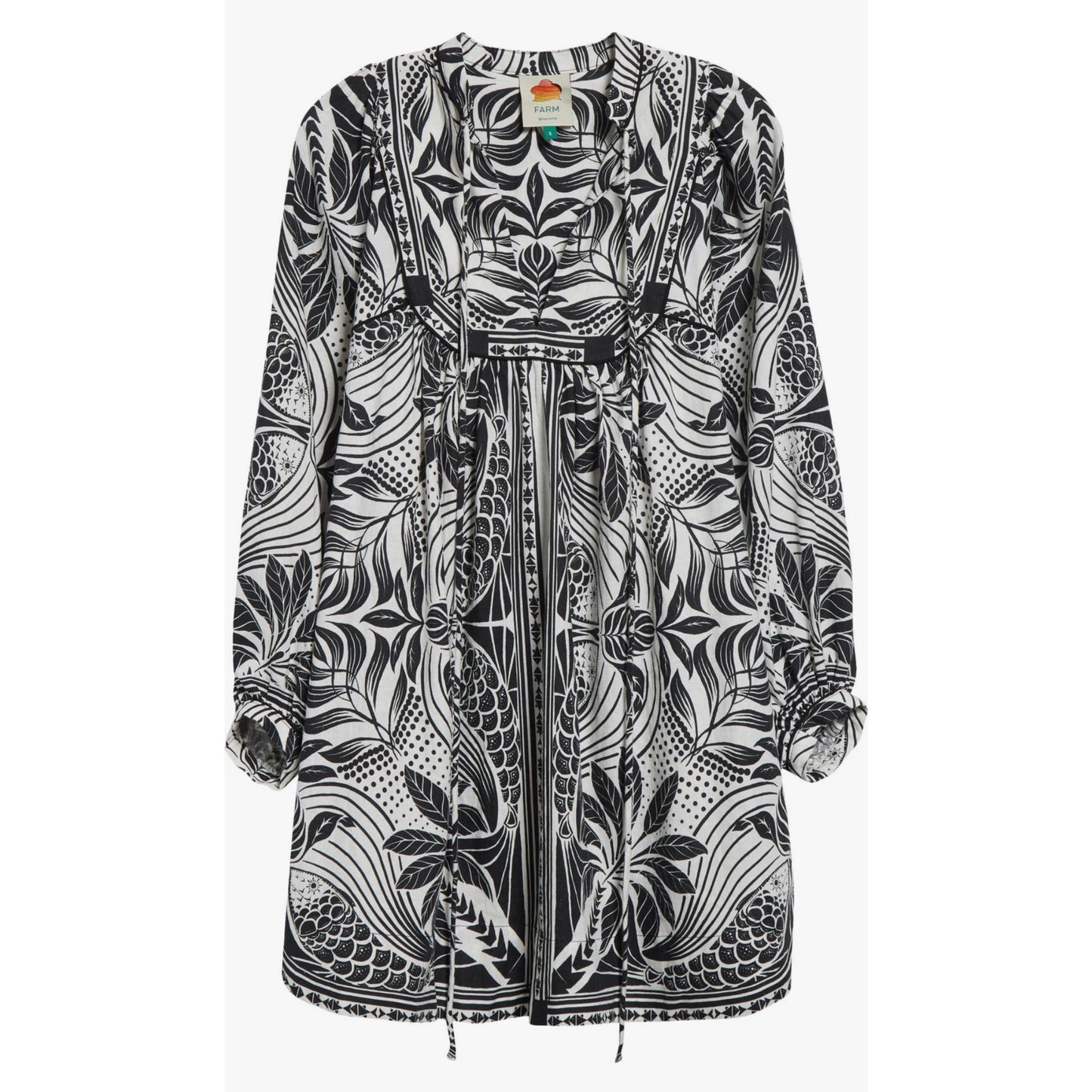 FARM Rio Monochrome Elegance Scarf Print Long Sleeve Linen Blend Minidress
